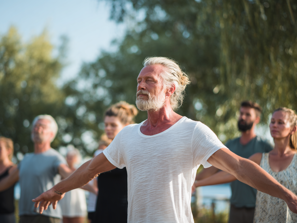 Kobieta praktykująca jogę w pozycji drzewa na świeżym powietrzu