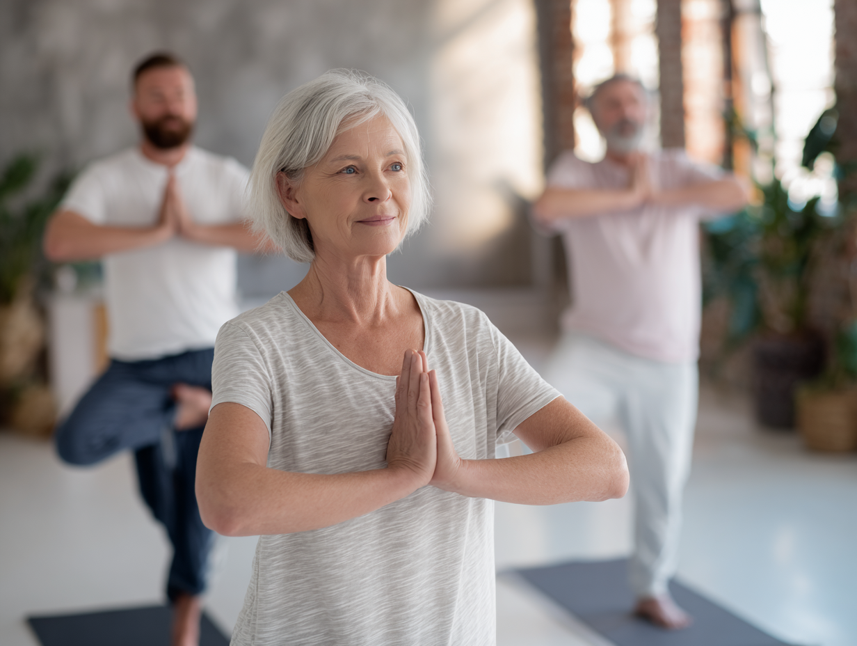 Grupa ludzi w różnym wieku praktykujących medytację